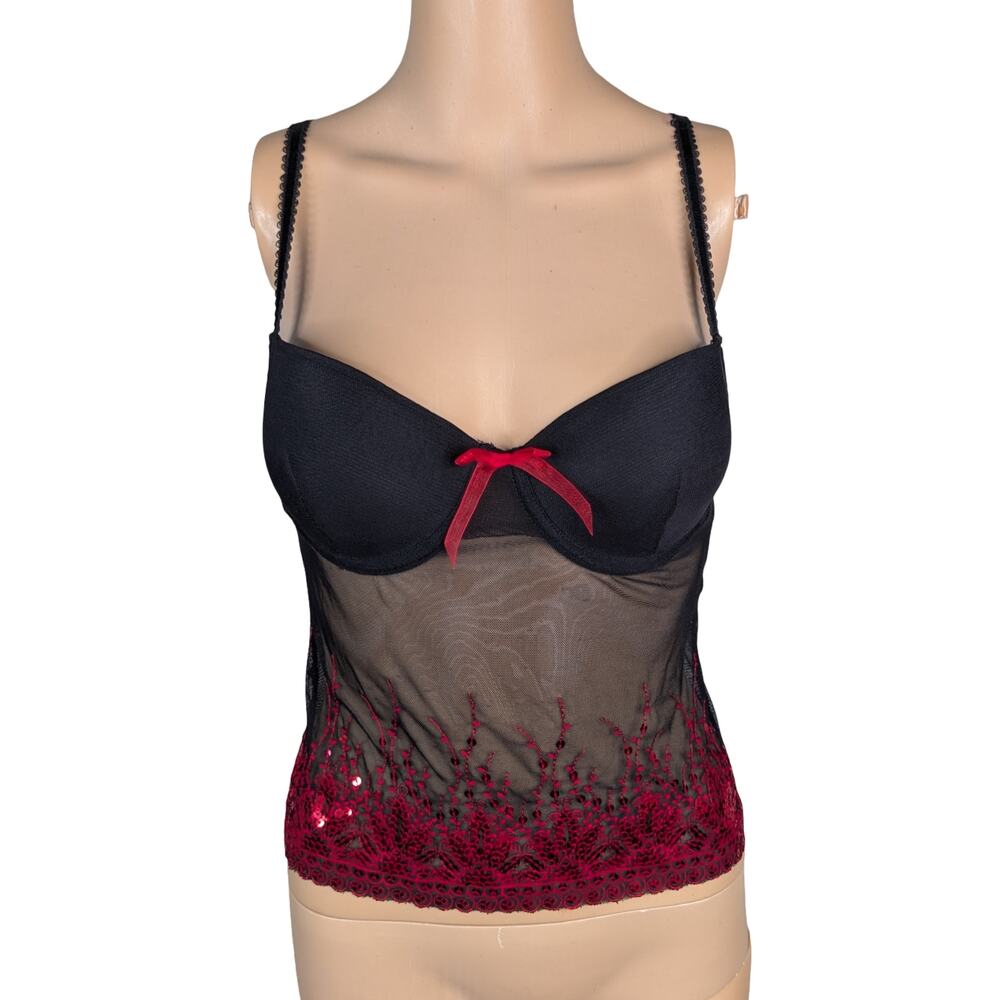 Vtg Y2K Fredericks of Hollywood Mesh Top 34B Black Red Sequin Underwire Corset